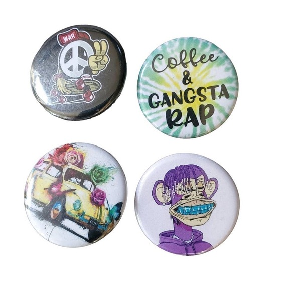 Coffee & Gangsta Rap Button Pins Character Novelty Design Lot of 4 - Picture 1 of 4